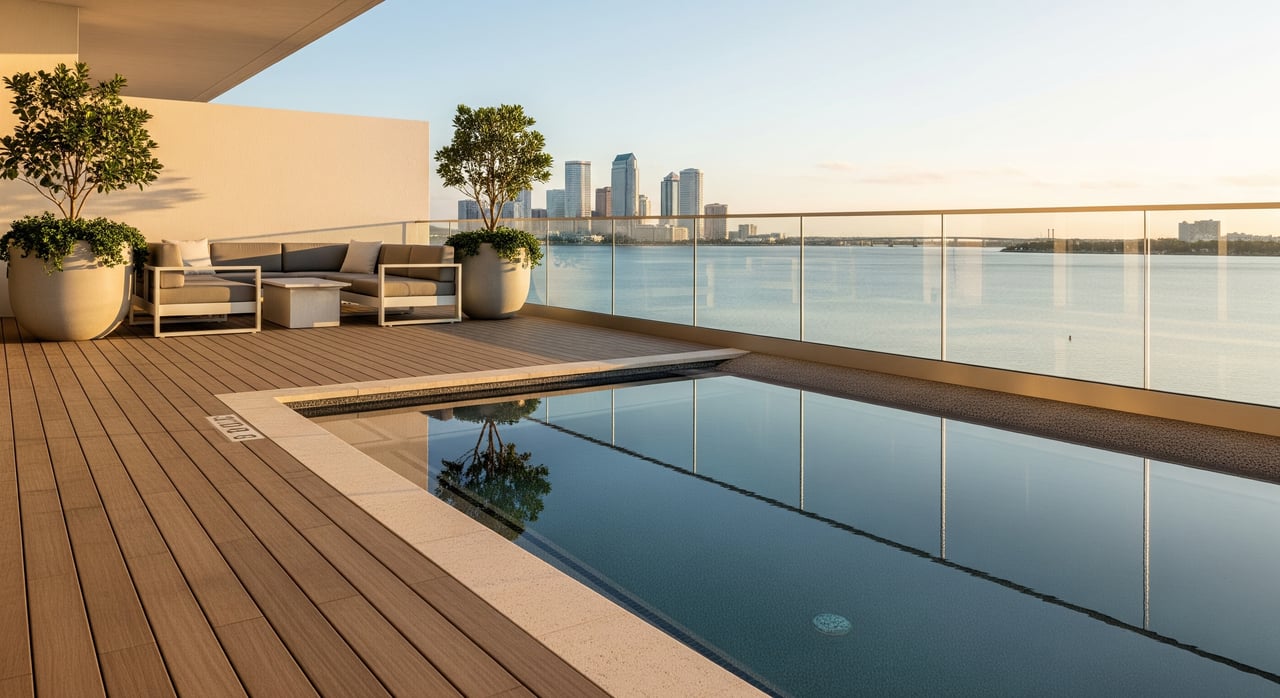 Rooftop infinity pool beside a wood deck, with lounge seating, potted trees, and a city skyline across the water.