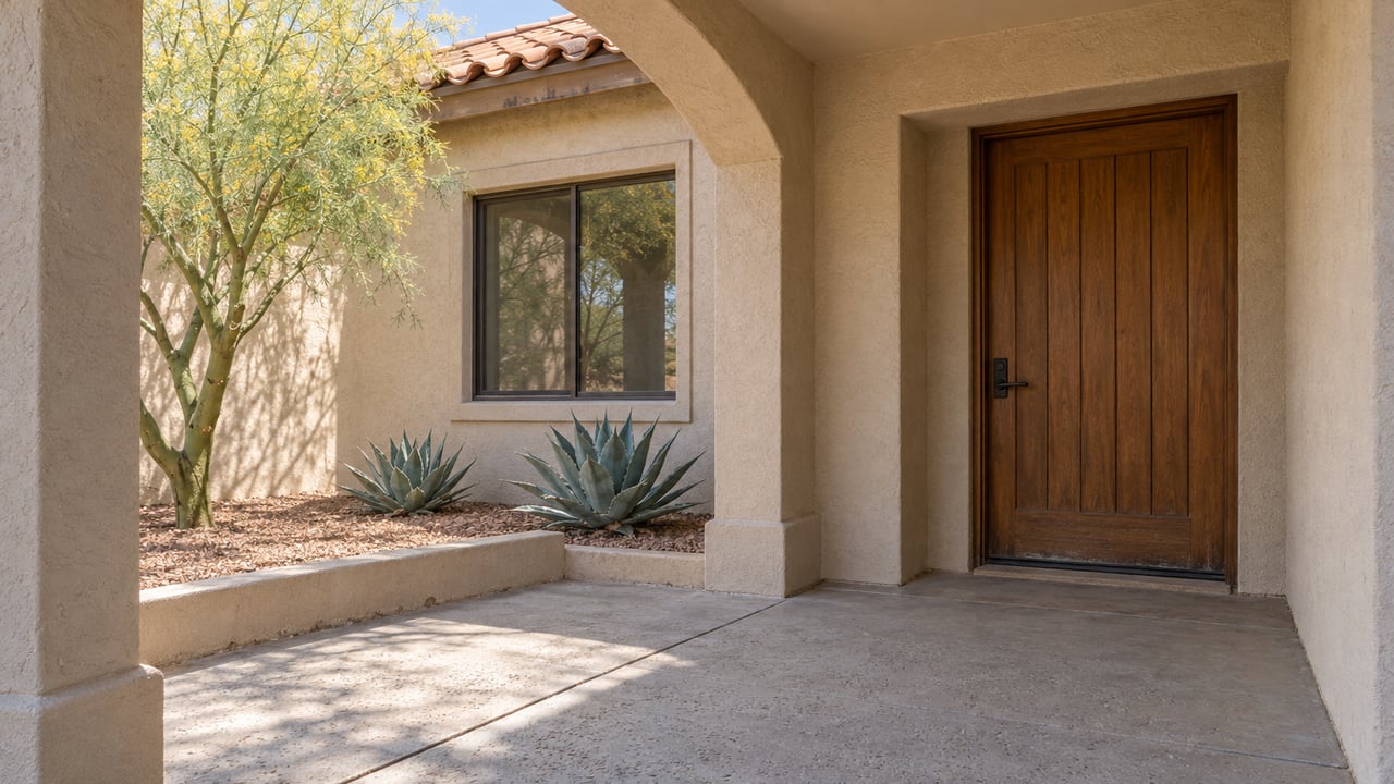 Sunlit sand-colored stucco entry porch with a recessed wooden door, clay tile roof and a raised gravel bed containing two agaves.