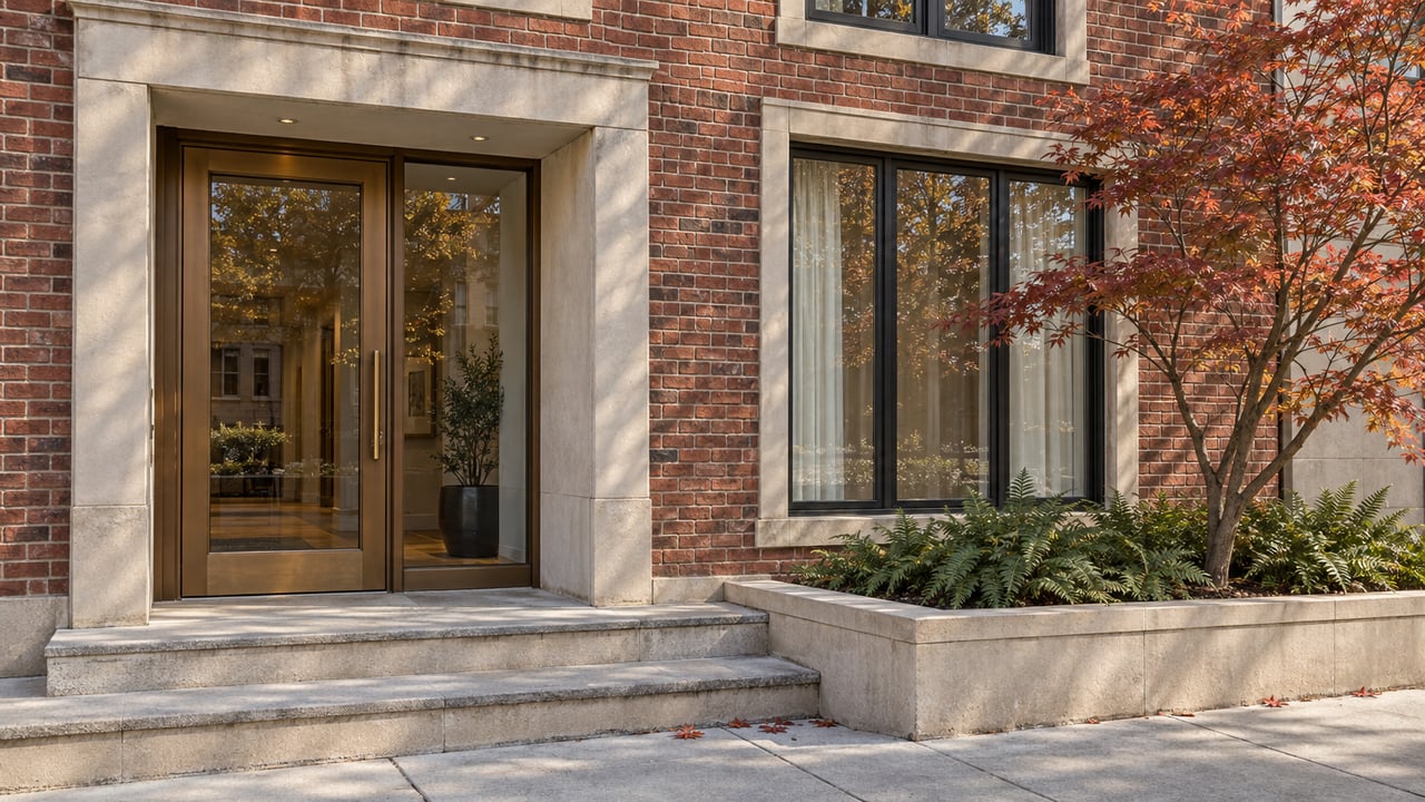 Red-brick residential entrance with bronze-framed glass, limestone steps, and a red-leaved maple in a raised stone planting bed.
