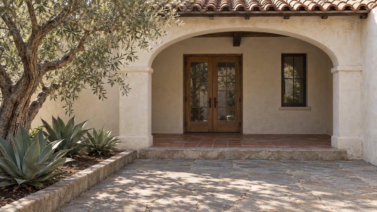 Cream stucco courtyard home with a clay tile roof, arched porch, paired wood-and-glass doors and worn sandstone paving beside an olive tree.