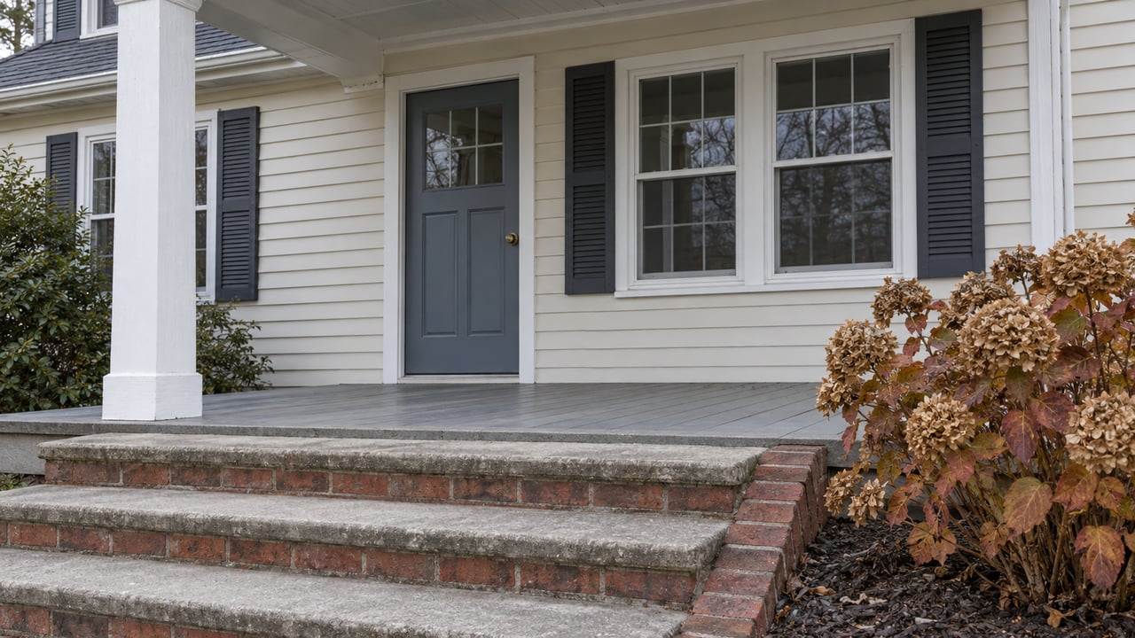 Brick steps lead to a covered cottage porch with cream siding, white trim, a blue-gray door, and autumn oakleaf hydrangea.