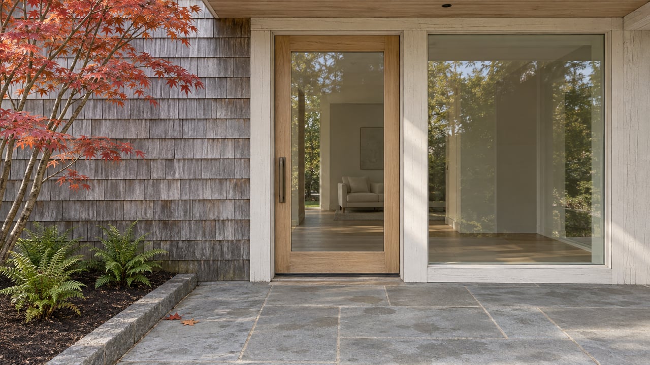 Weathered cedar shingles and a glazed wood entry door above a sandstone terrace, beside autumn maple branches and sword ferns.