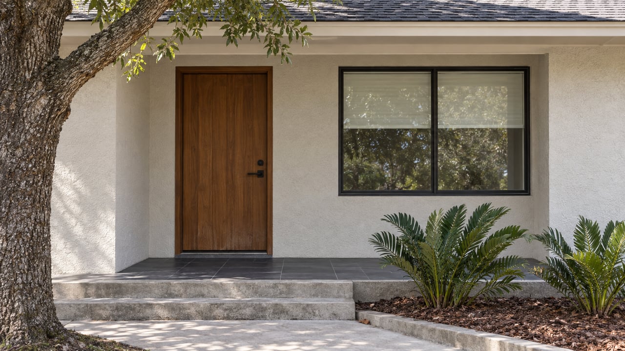Covered home entrance with a warm wood door, black-framed window, charcoal tile landing and two coontie plants beside concrete steps.