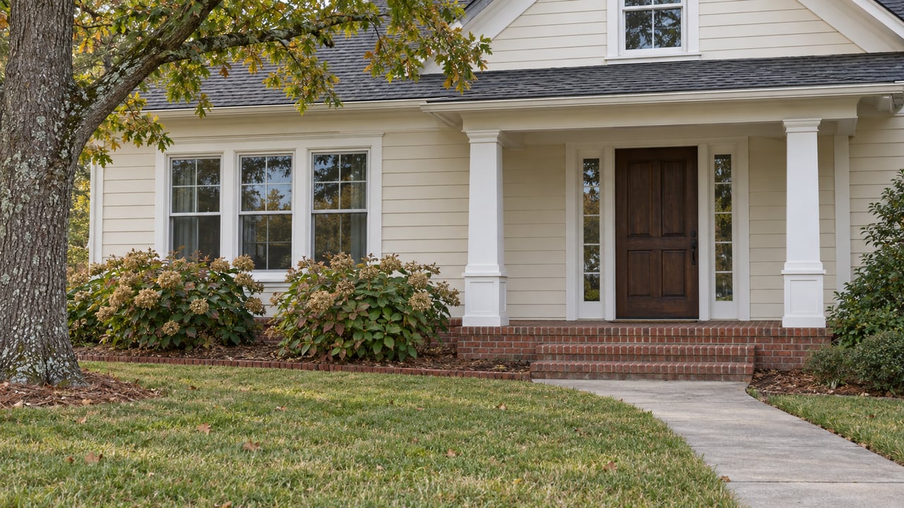 Cream-sided home with a brick front porch, deep lawn, oak tree and oakleaf hydrangeas beside a weathered concrete approach.