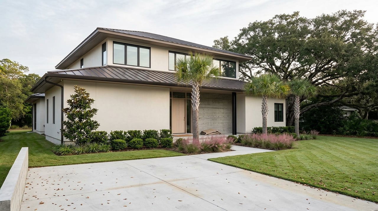 Contemporary coastal house with an off-white stucco facade, dark metal roof, and broad live oak canopy.