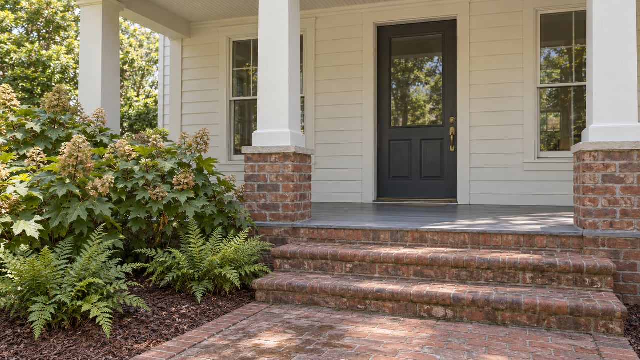 An ivory clapboard home's covered porch with worn brick steps, a glazed charcoal door, and oakleaf hydrangeas beside the approach.