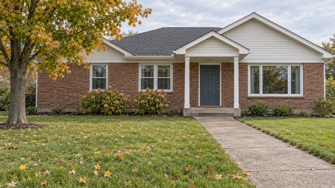 An updated brick-and-ivory single-story home across a deep autumn lawn, with a maple tree and a concrete walk leading to a covered entrance.