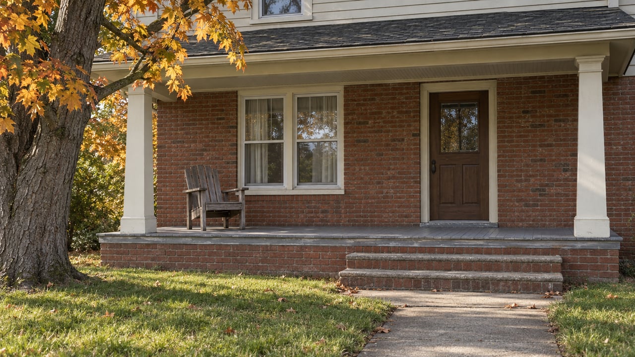 An established brick and cream clapboard home with a covered timber porch, worn brick steps, an oak chair and amber maple leaves.