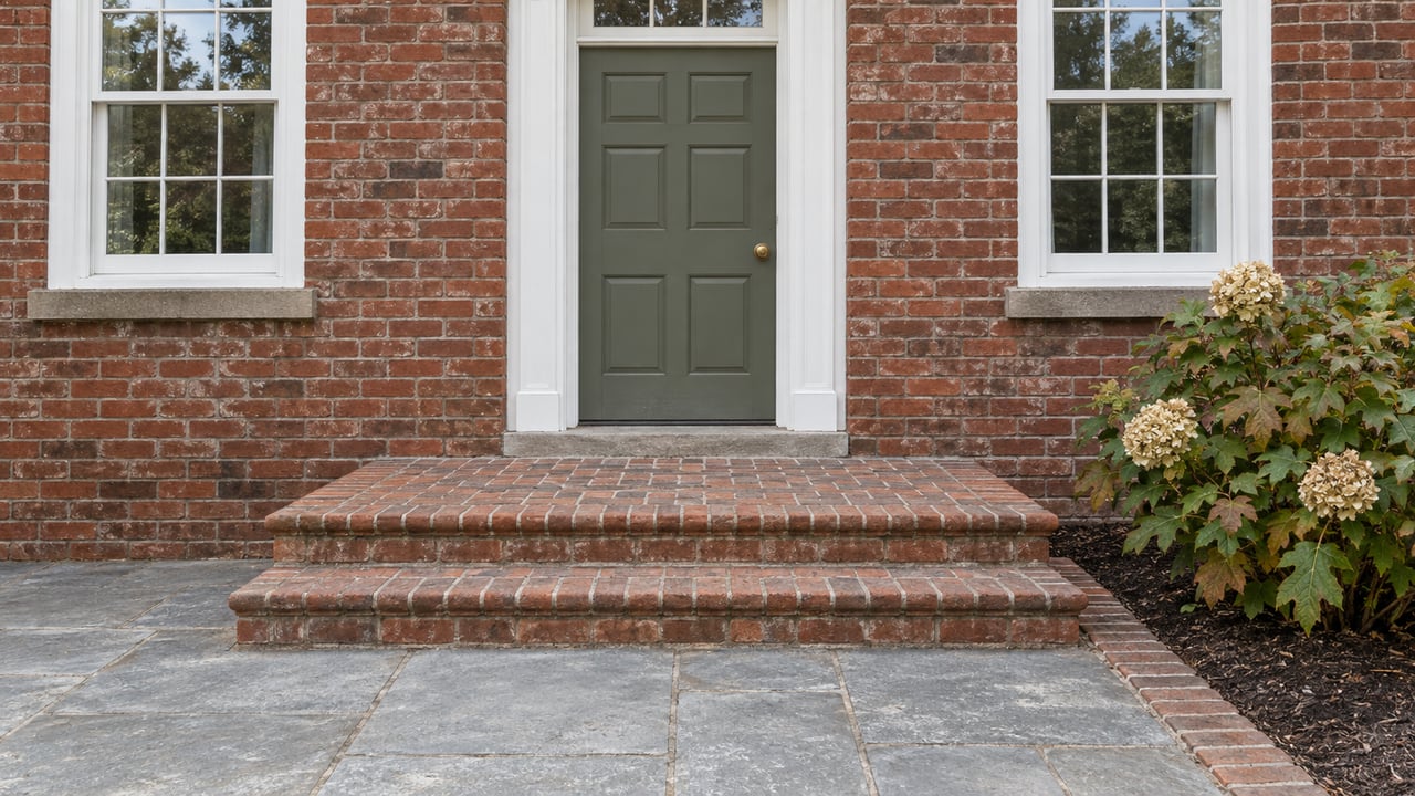 Olive-painted door and paired white sash windows in a weathered red brick facade, with brick steps and a flagstone approach beside an oakleaf hydrangea.