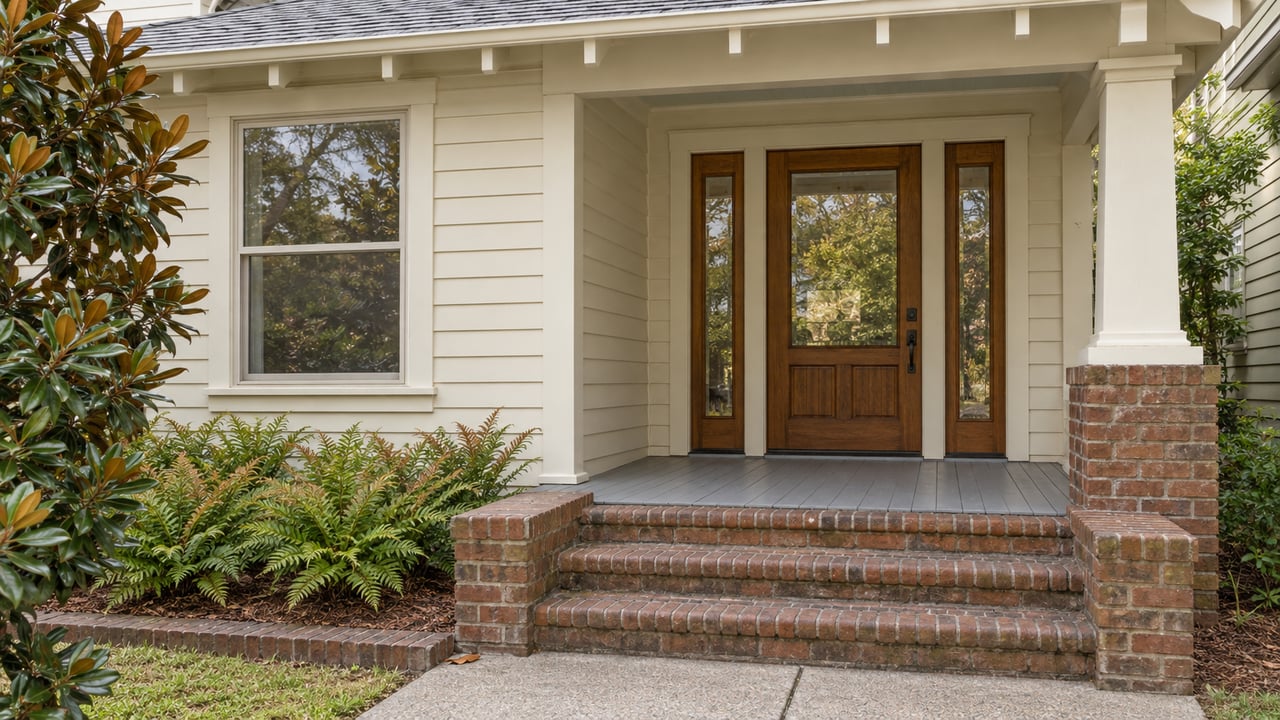 Ivory clapboard bungalow entry with a glazed wood door, brick steps, and magnolia foliage in soft daylight.