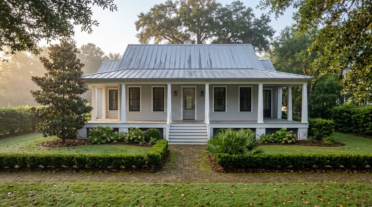 Raised gray cottage with a wraparound porch, brick walkway, and mature trees behind its roofline.