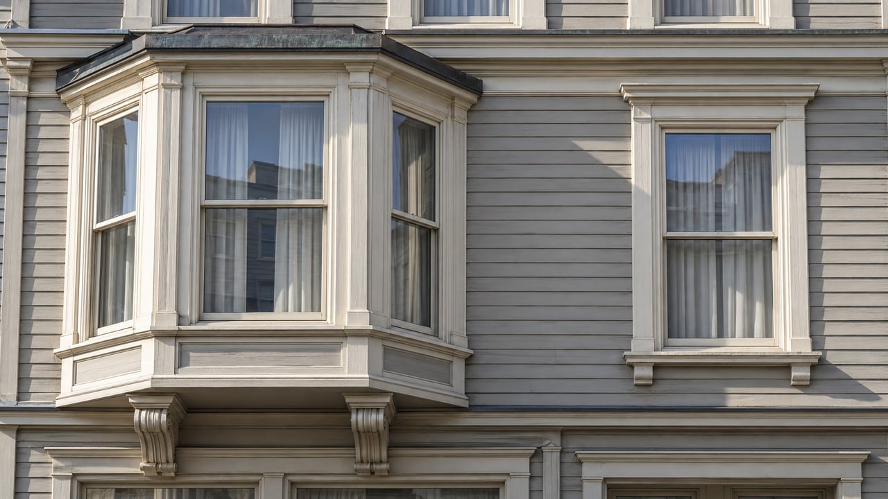 Sunlit painted timber bay windows and carved brackets on a carefully maintained urban residence.
