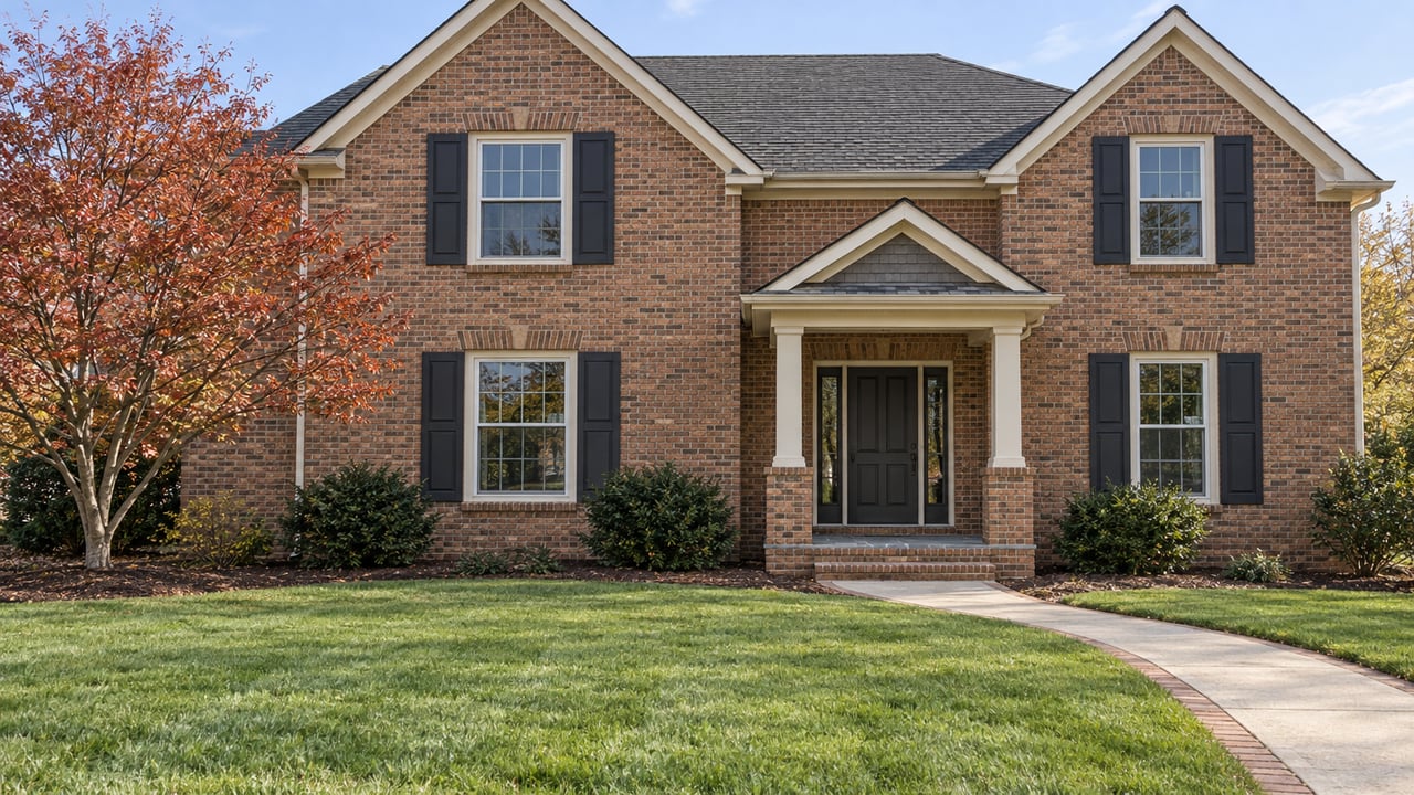 Warm brick house with steep gables, a covered entry, deep green lawn and a dogwood with muted autumn leaves.