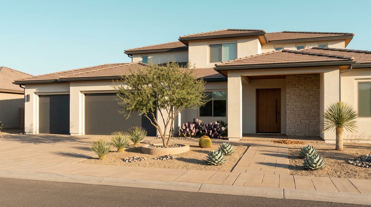 Upscale desert-suburb home with xeriscaped landscaping under a clear sky.