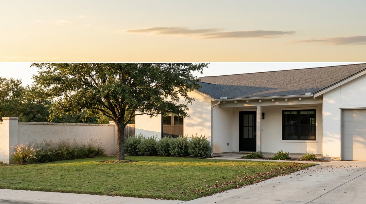 White stucco suburban home with black-framed windows, a covered entry, broad oak, lawn, and driveway in evening light.