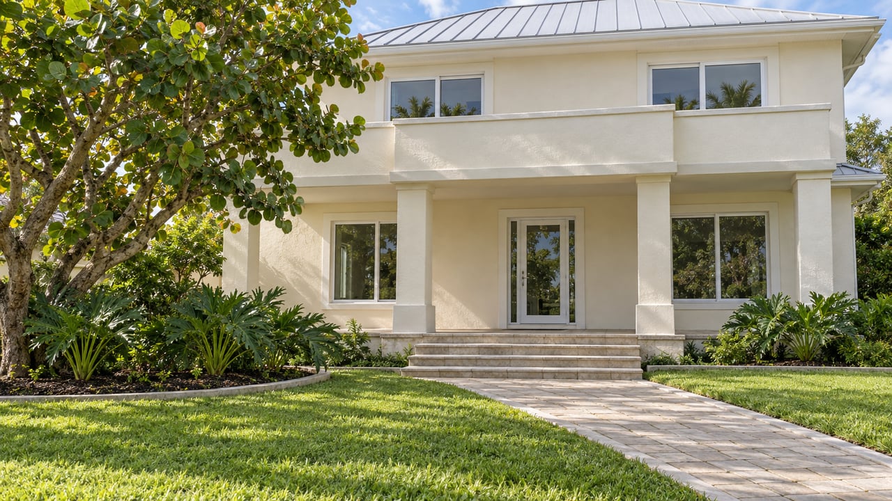 An ivory two-story home with a raised covered porch, pale metal roof, broad front lawn and a sculptural sea grape tree.