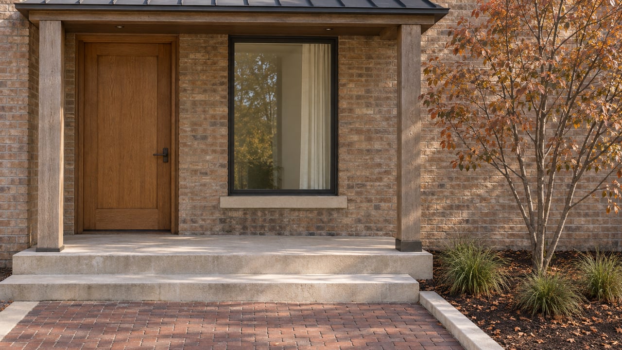 Buff-brick residential entry with an oak door, limestone steps and a russet-leaved serviceberry beside the porch.