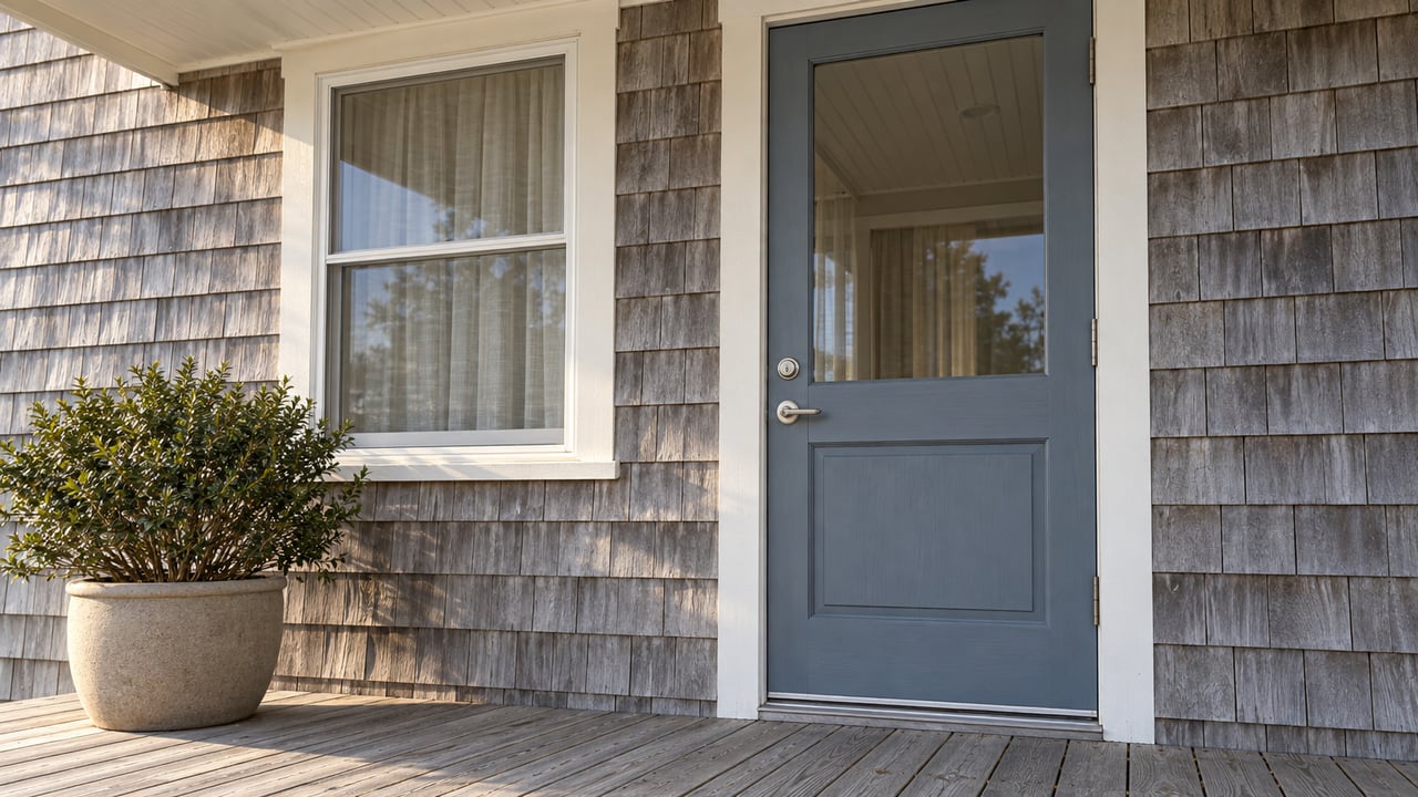 Weathered cedar entry with a blue-gray glazed door, an adjacent window and a potted yaupon holly on a raised wooden porch.