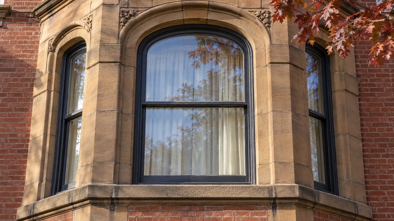 Arched timber windows in a weathered sandstone bay set into red brick, with copper-colored oak leaves at the edge of the frame.
