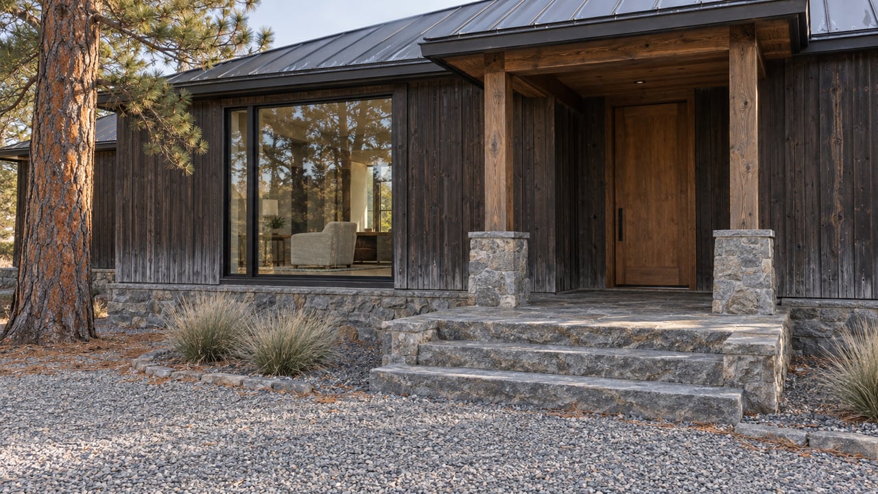 Dark cedar home with a timber-covered entry, broad stone steps, and a large window beside a mature ponderosa pine.