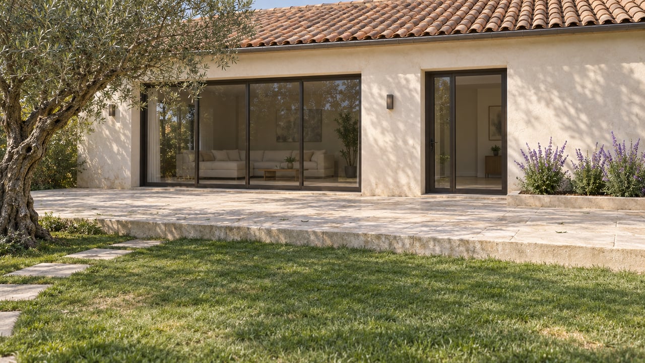 Limestone terrace and glazed rear facade beside a deep lawn, olive tree, and terracotta-tiled roof.