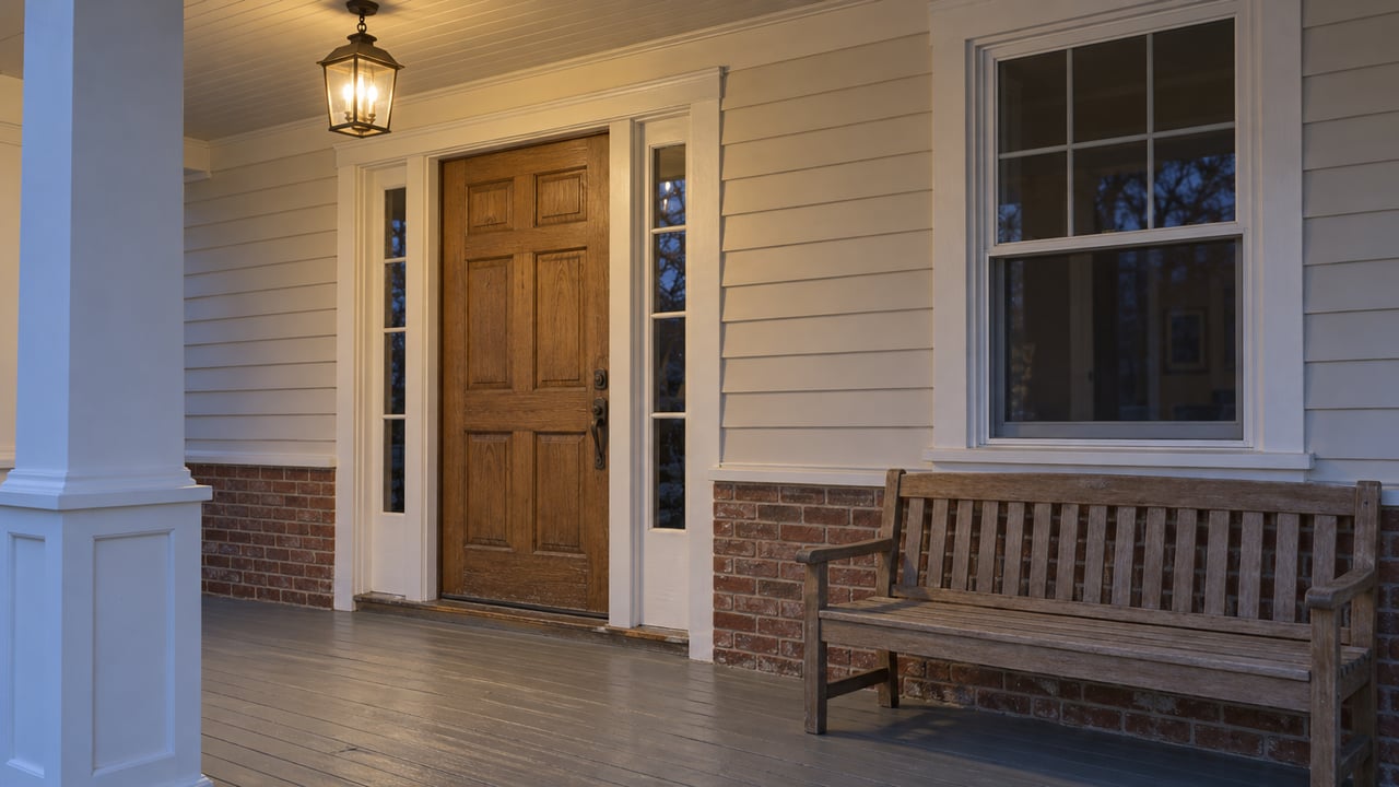 A covered porch at dusk with an oak front door, paired sidelights, ivory clapboard, brick base and a wooden bench.