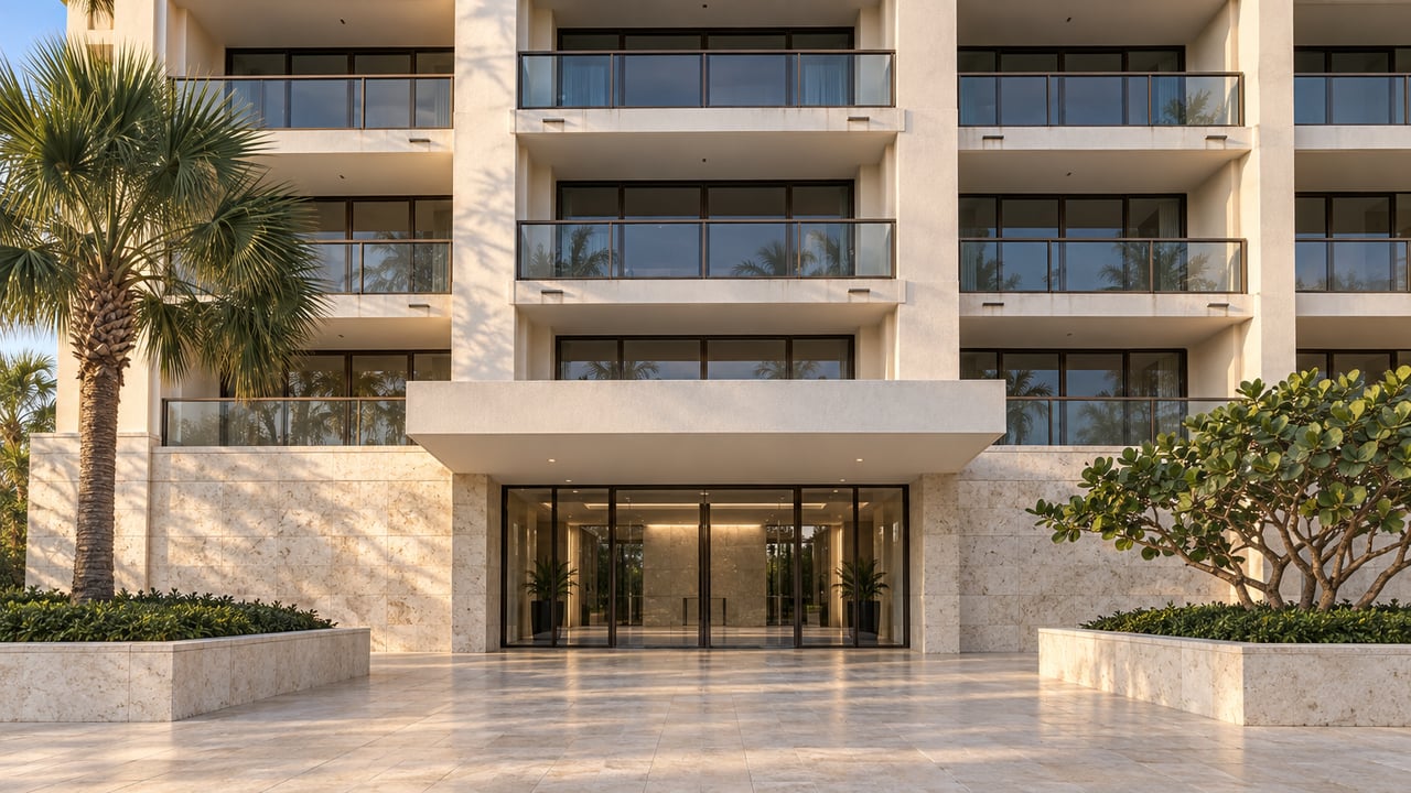 Five-story cream stucco condominium with recessed balconies, a glazed lobby, limestone paving, and two palm plantings.