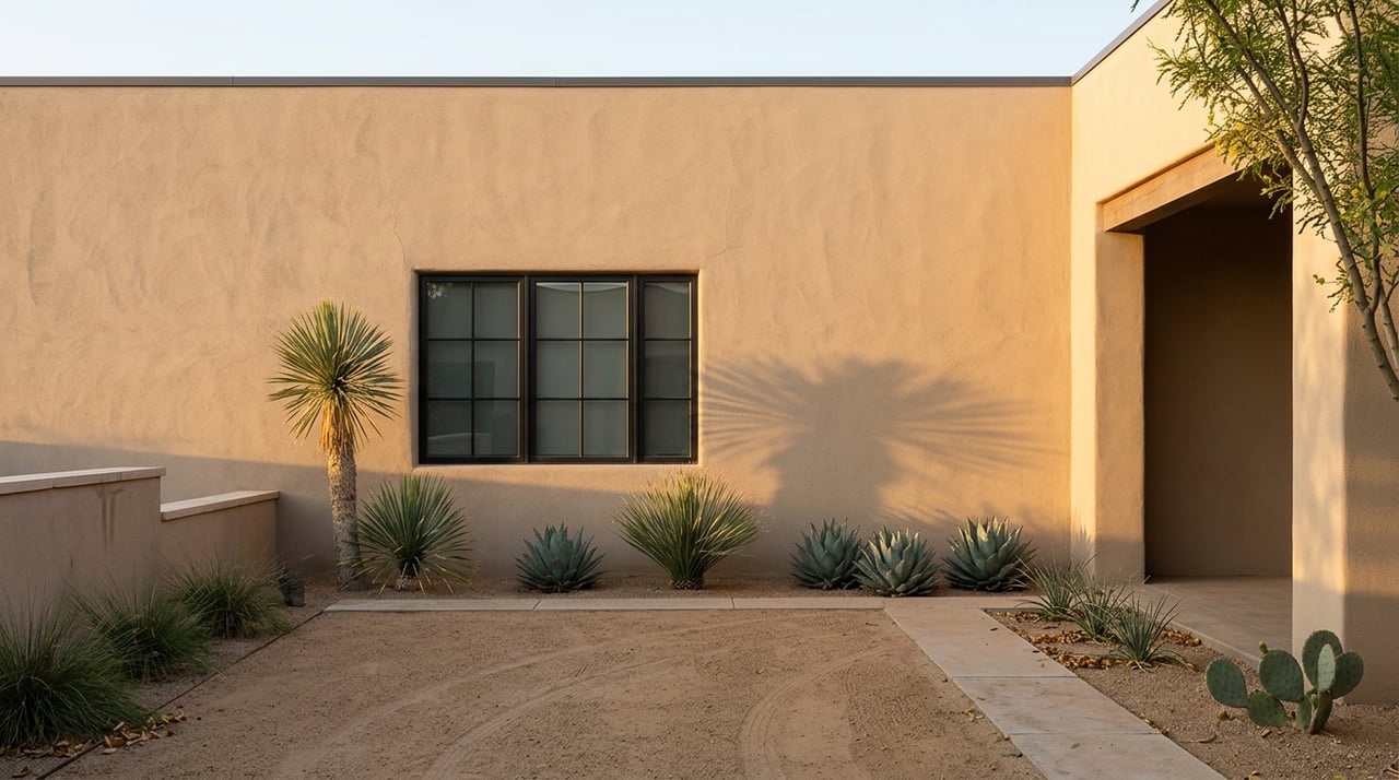 Adobe-stucco rear elevation with a recessed portal, black-framed window, desert plants, and a yucca shadow.