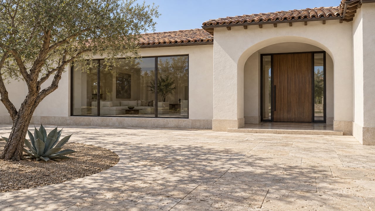 Sunlit white-stucco residence with a clay-tile roof, recessed walnut entry, broad limestone approach and sculptural ironwood tree.