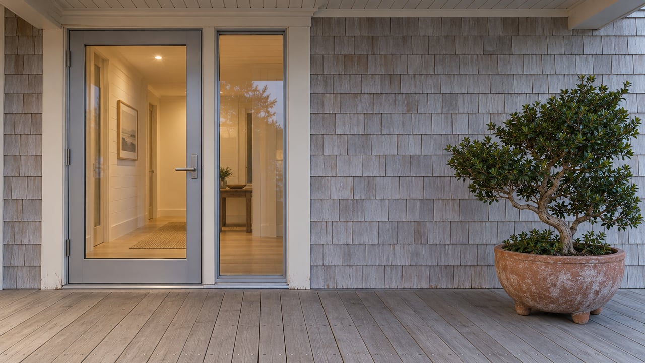 Covered home entry with a glass door, gray shingle siding, and a potted tree.