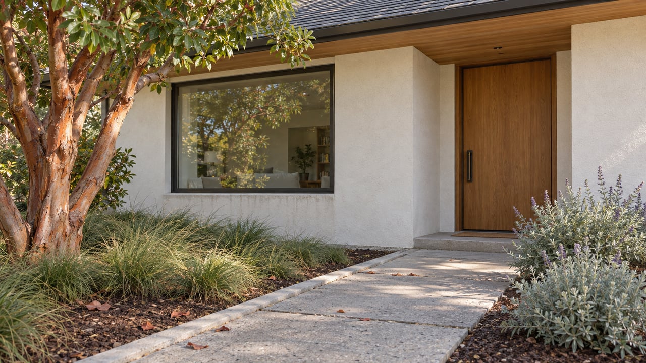 Suburban home with a cedar-roofed entry, bronze-framed window, concrete path, and twisting-barked tree.