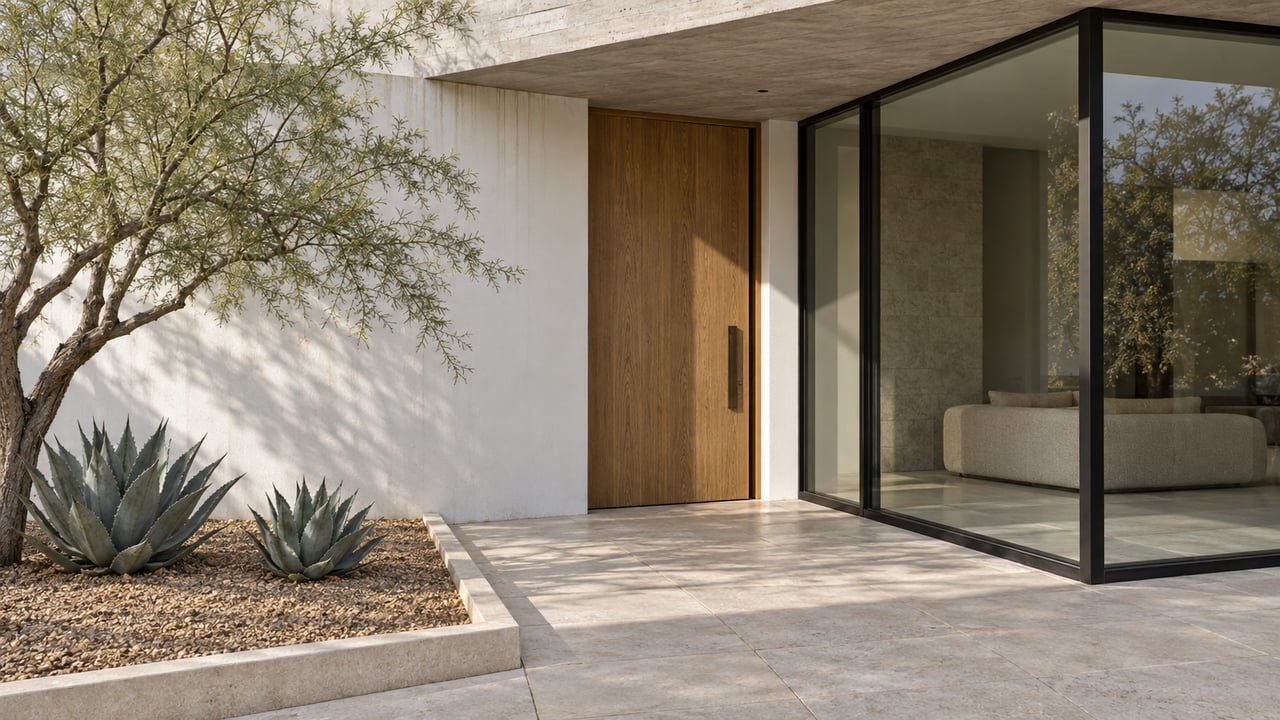 Modern home's sheltered oak entry beside corner glazing, pale limestone paving and a sculptural tree in a recessed gravel bed.