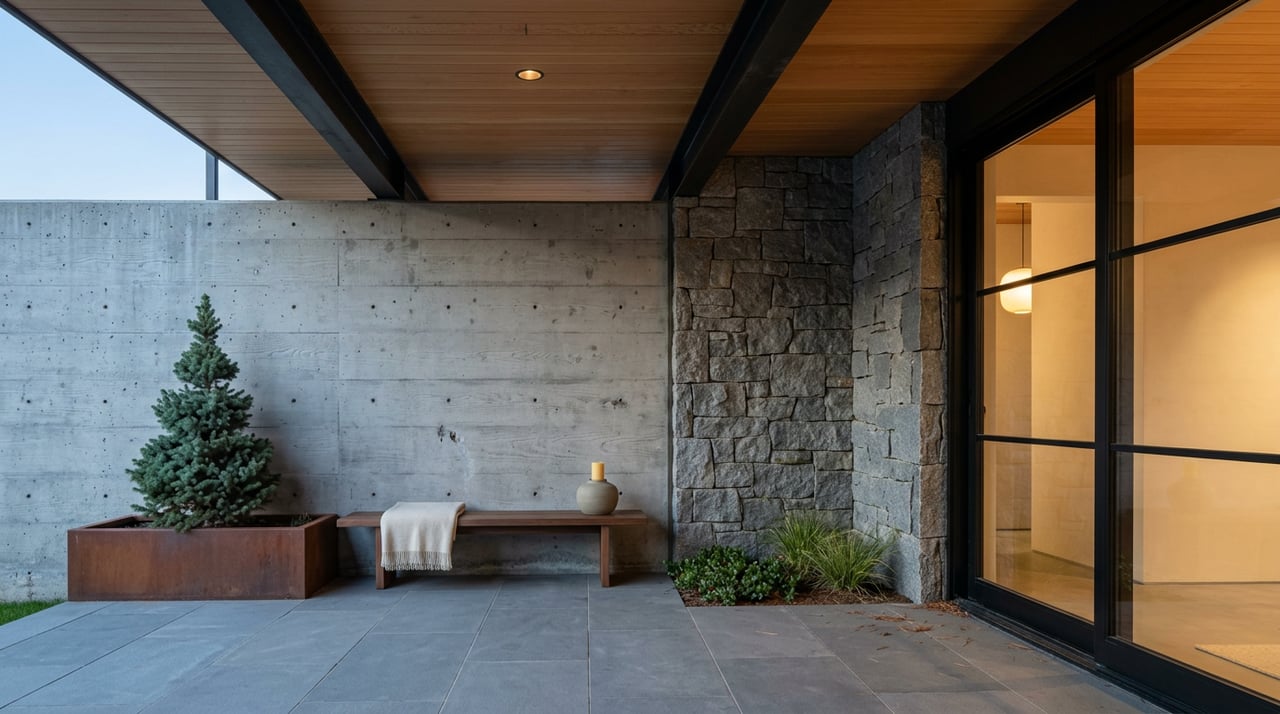 Mountain loggia with a walnut bench, potted spruce, concrete wall, and granite corner beside a glowing glass door.