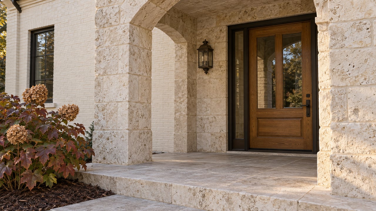 Cream limestone arch framing a recessed oak-and-glass entry door, with worn stone paving and bronze autumn oakleaf hydrangea leaves.