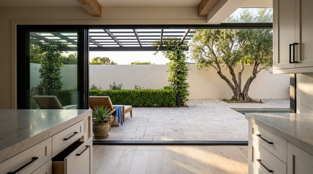 Open kitchen doorway overlooking a stone patio, black pergola, olive tree, and teak lounge chair.