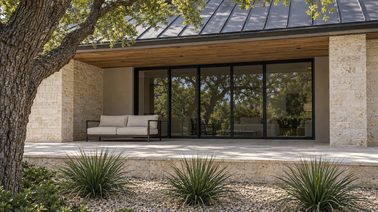 Limestone home with a covered stone terrace, black-framed glass doors and a mature twisting oak.