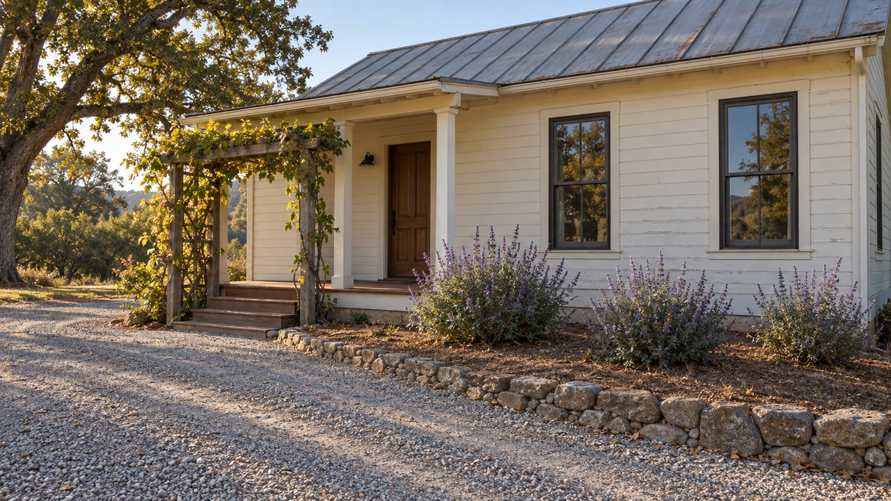 Cream farmhouse with a covered porch, tall windows, and a gravel path curving past a garden bed.