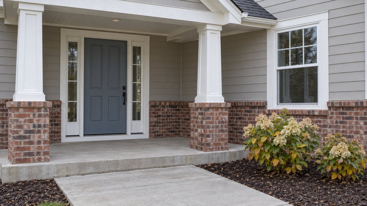 Covered home entry with pale horizontal siding, red-brown brick, a blue-gray door and hydrangeas beside a concrete step.