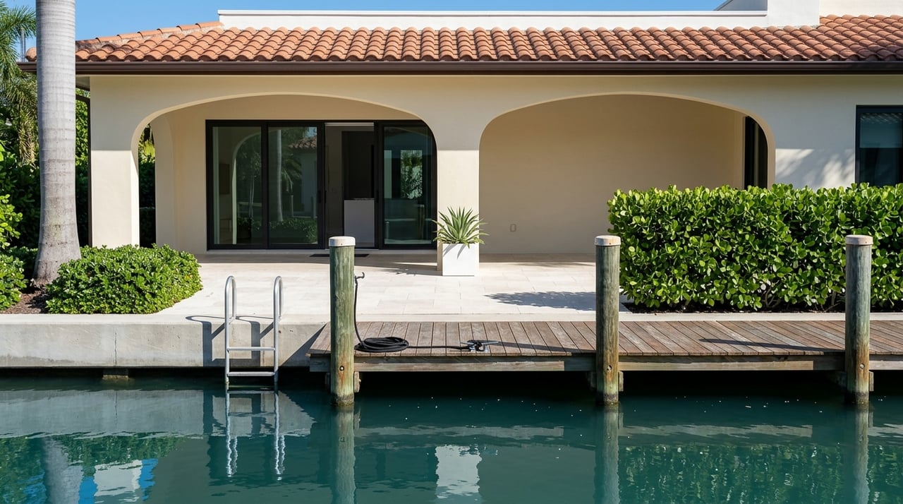 Limestone terrace and wooden dock meet beside a stucco loggia with arched openings and teal canal water.