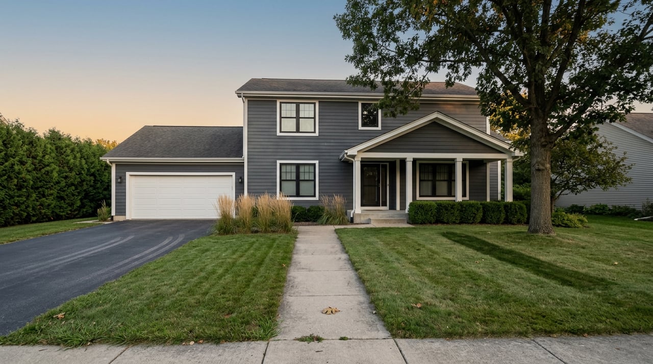 Charcoal-sided home with a white-trimmed porch and two-car garage, framed by a broad oak and deep front lawn.