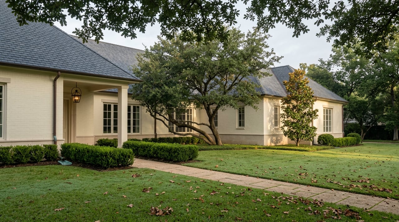 Ivory-brick estate behind a deep dew-covered lawn, with a sweeping oak canopy and curving front walk.