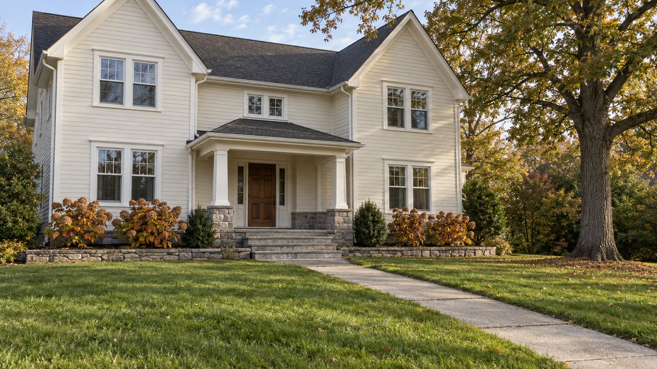 Cream clapboard home with steep charcoal gables, a stone entry, and a deep green lawn beneath a mature oak.