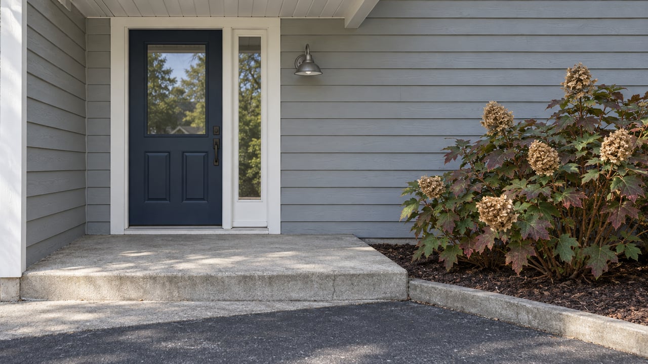 A gray clapboard home's sheltered navy front door above a weathered concrete stoop, with a single autumn oakleaf hydrangea beside the driveway.