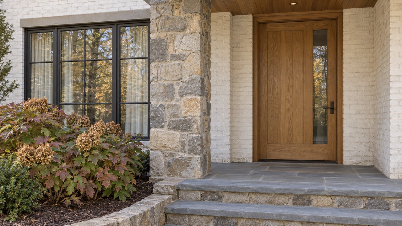 Oak entry door and charcoal-framed window beside textured fieldstone, with bluestone steps and autumn oakleaf hydrangeas.