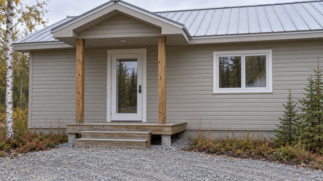 Beige-gray ranch entry with a glazed door, timber steps, gravel approach, and young spruce trees.