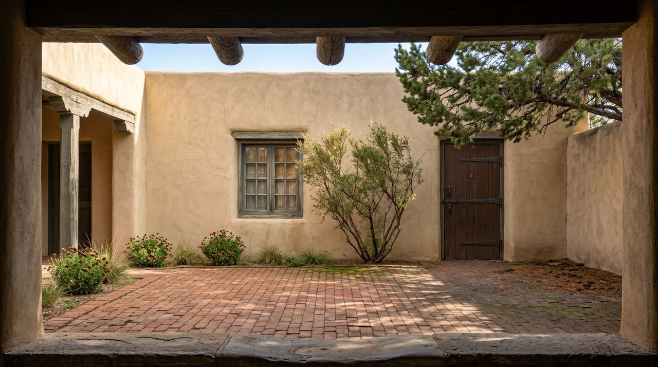 Covered walkway frames a courtyard with a sand-colored plaster wall, weathered window, plank door, and piñon pine.