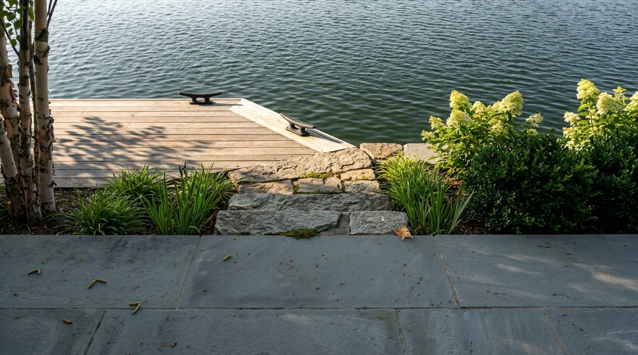 Waterfront terrace with specified materials and planting transitions to a dock beside the lake.