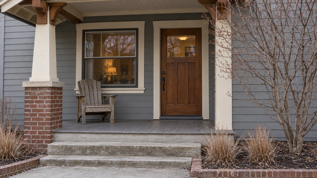 Winter light on a gray clapboard home's covered porch, with a timber door, brick column base and dormant planting.