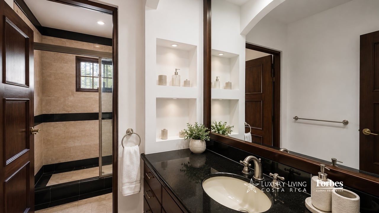 Bathroom with a black stone vanity, large mirror, and beige-tiled walk-in shower.