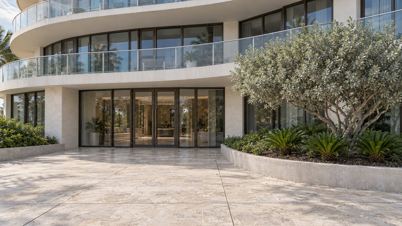 Curved condominium facade with glass balconies above a recessed entrance, limestone forecourt, and sculpted planter.